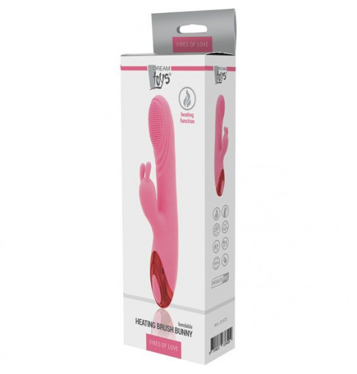 Розовый вибратор HEATING BRUSH BUNNY со стимулятором клитора и нагревом - 24 см.