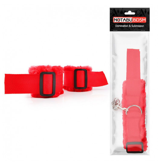 Красные меховые наручники на регулируемых черных пряжках