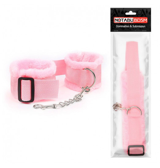 Розовые меховые наручники на регулируемых черных пряжках