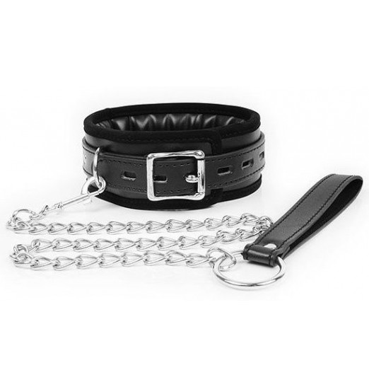 Черный ошейник на металлическом поводке с ручкой-петлей