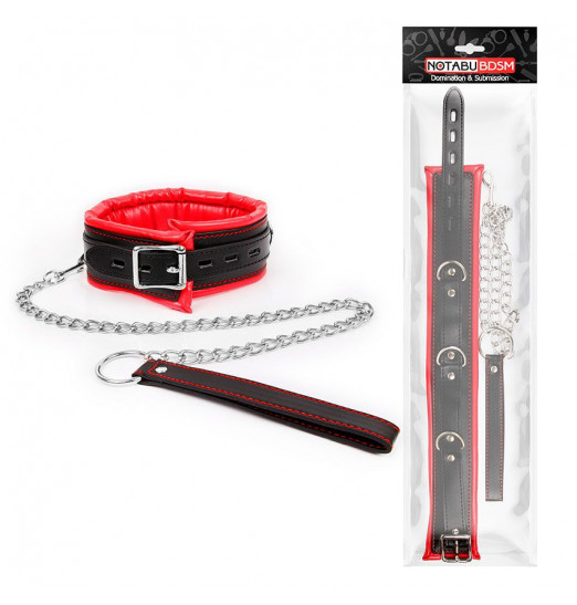 Красно-черный ошейник с ремешком на металлическом поводке