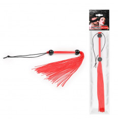 Красная многохвостая плеть с черными шариками на рукояти - 35 см.