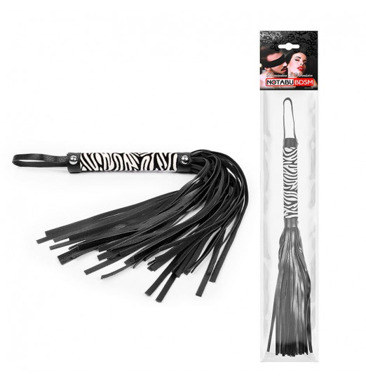 Черная многохвостовая плеть с круглой ручкой-зеброй - 39 см. Черная многохвостовая плеть с круглой ручкой-зеброй - 39 см.