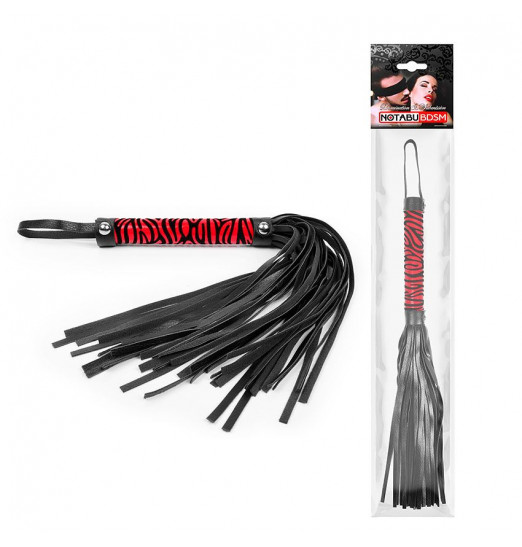 Черная многохвостовая плеть с круглой красной ручкой-зеброй - 39 см.