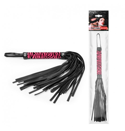 Черная многохвостовая плеть с круглой розовой ручкой-зеброй - 39 см.