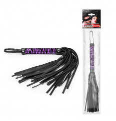 Черная многохвостовая плеть с круглой фиолетовой ручкой-зеброй - 39 см.