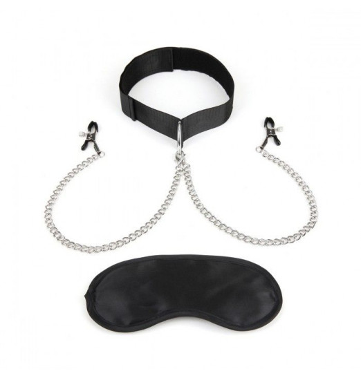 Черный регулируемый ошейник с зажимами для сосков