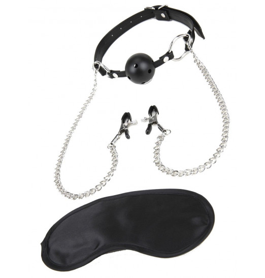 Чёрный кляп-шар с зажимами для сосков