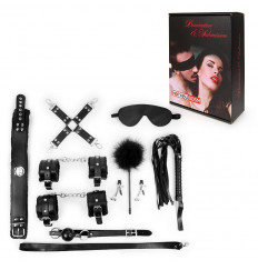 Большой набор БДСМ в черном цвете: маска, кляп, зажимы, плётка, ошейник, наручники, оковы, щекоталка, фиксатор