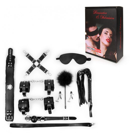 Большой набор БДСМ в черном цвете: маска, кляп, зажимы, плётка, ошейник, наручники, оковы, щекоталка, фиксатор