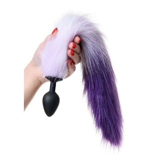 Черная анальная втулка с фиолетово-белым хвостиком - размер M