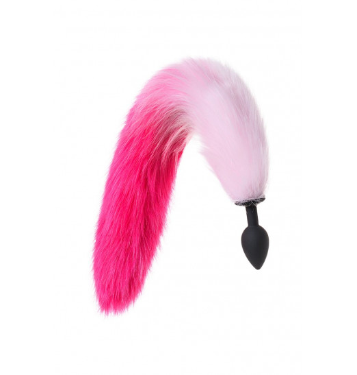 Черная анальная втулка с бело-розовым хвостиком - размер S