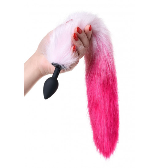 Черная анальная втулка с бело-розовым хвостиком - размер S