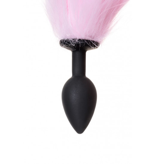 Черная анальная втулка с бело-розовым хвостиком - размер S