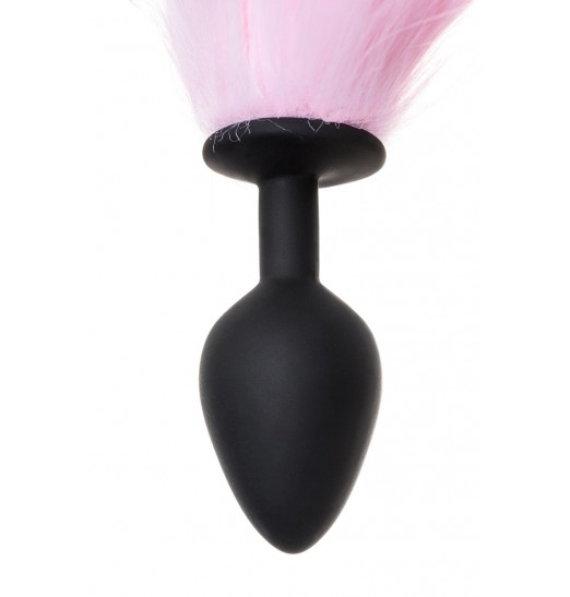 Черная анальная втулка с бело-розовым хвостом - размер M Черная анальная втулка с бело-розовым хвостом - размер M