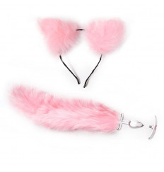 Розовый игровой набор: ободок с ушками и анальная пробка с хвостиком