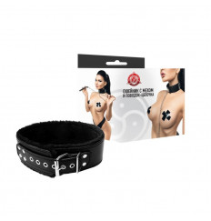 Черный ошейник с меховой подкладкой и поводком