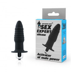 Черная ребристая вибровтулка с ограничителем - 7 см.