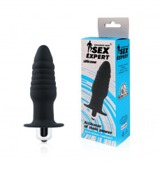 Черная ребристая вибровтулка с ограничителем - 9 см.