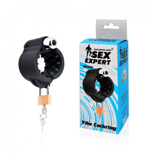 Черная эрекционная вибронасадка на пенис с ключиком