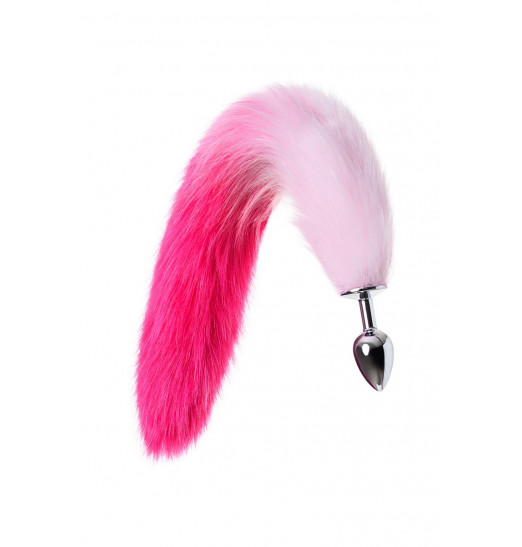 Серебристая анальная втулка с бело-розовым хвостом - размер S