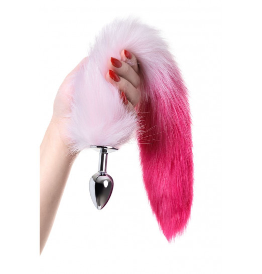 Серебристая анальная втулка с бело-розовым хвостом - размер S