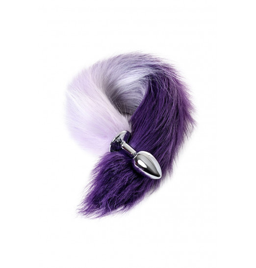 Серебристая металлическая анальная втулка с фиолетово-белым хвостом - размер S