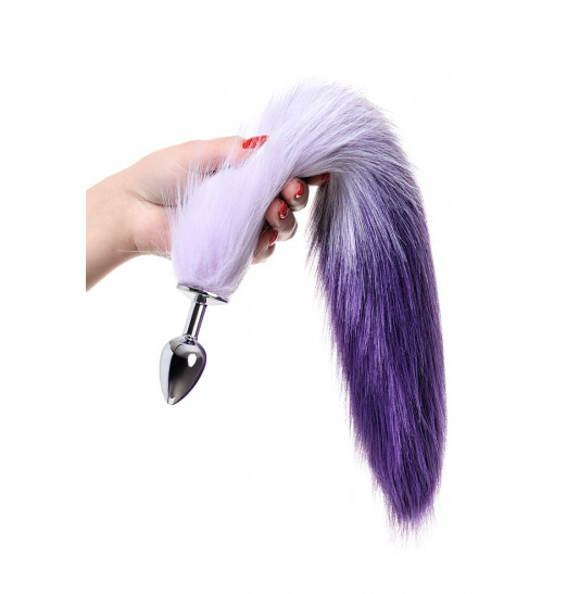 Серебристая металлическая анальная втулка с фиолетово-белым хвостом - размер S