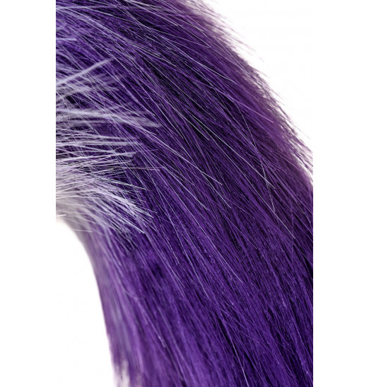 Серебристая металлическая анальная втулка с фиолетово-белым хвостом - размер S