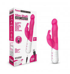 Розовый тонкий вибратор-кролик с клиторальным отростком - 22 см.