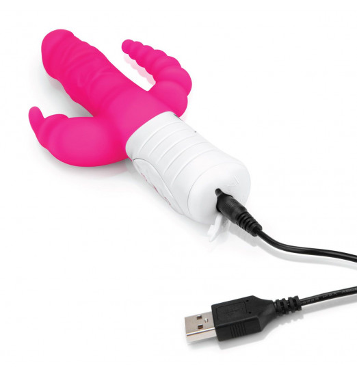 Розовый перезаряжаемый вибратор с 2 дополнительными отростками - 22 см. Розовый перезаряжаемый вибратор с 2 дополнительными отростками - 22 см.