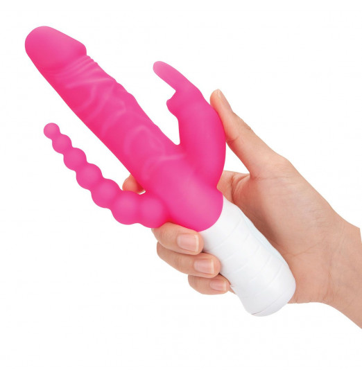 Розовый перезаряжаемый вибратор с 2 дополнительными отростками - 22 см. Розовый перезаряжаемый вибратор с 2 дополнительными отростками - 22 см.