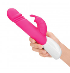 Розовый вибратор-кролик с возвратно-поступательными движениями головки - 24 см.