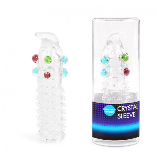 Закрытая прозрачная насадка на пенис с выпуклостями и отростком - 12 см.