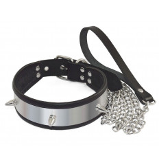 Серебристо-черный ошейник с шипами и поводком