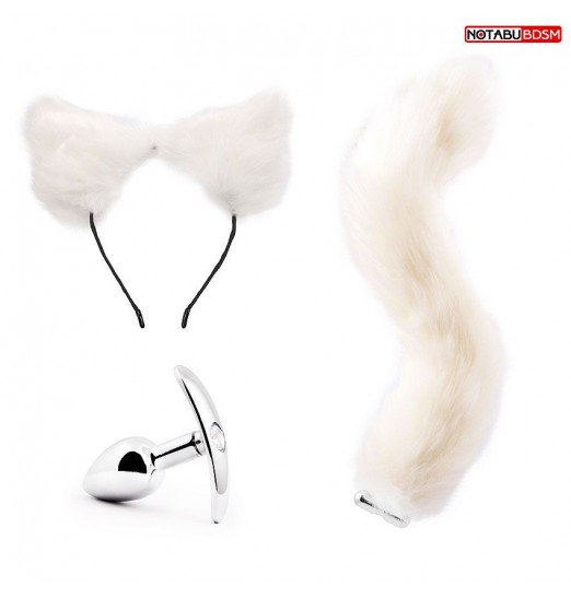 Игровой набор в белом цвете: ободок-ушки, пробка с кристаллом, хвостик