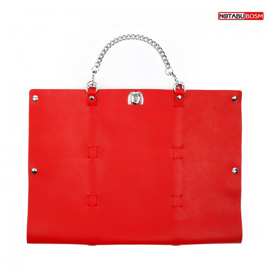 Красный набор БДСМ в сумке: маска, ошейник с поводком, наручники, оковы, плеть