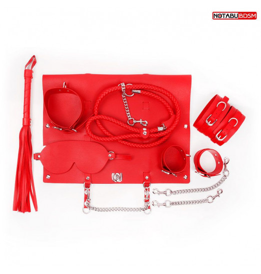 Красный набор БДСМ в сумке: маска, ошейник с поводком, наручники, оковы, плеть