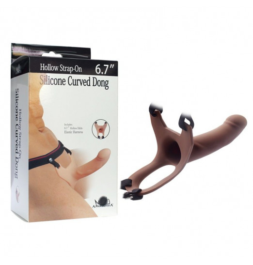 Коричневый полый фаллопротез на черных лентах - 15,5 см.