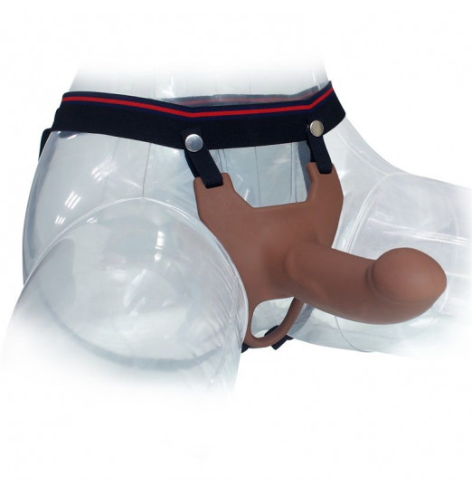 Коричневый полый фаллопротез на черных лентах - 15,5 см.