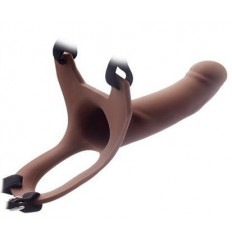 Коричневый полый фаллопротез на черных лентах - 15,5 см.