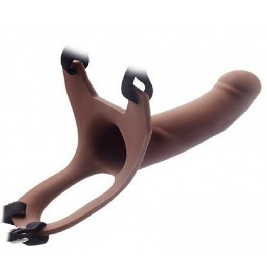 Коричневый полый фаллопротез на черных лентах - 15,5 см.
