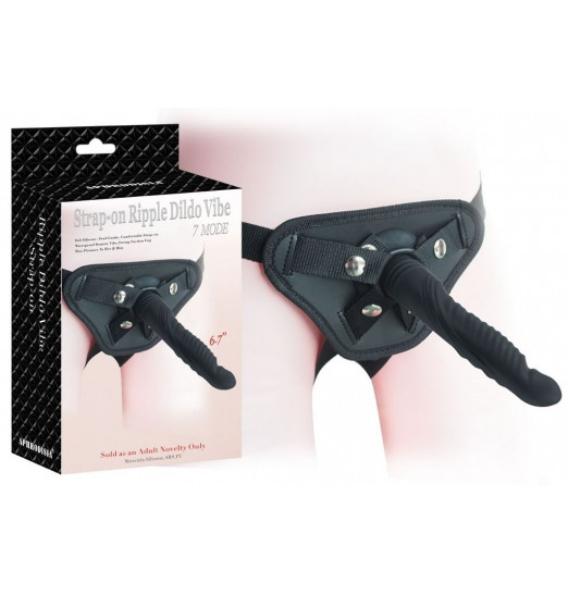 Черный вибрострапон 6.7 inch Strap-on Ripple Dildo Vibe - 21 см.
