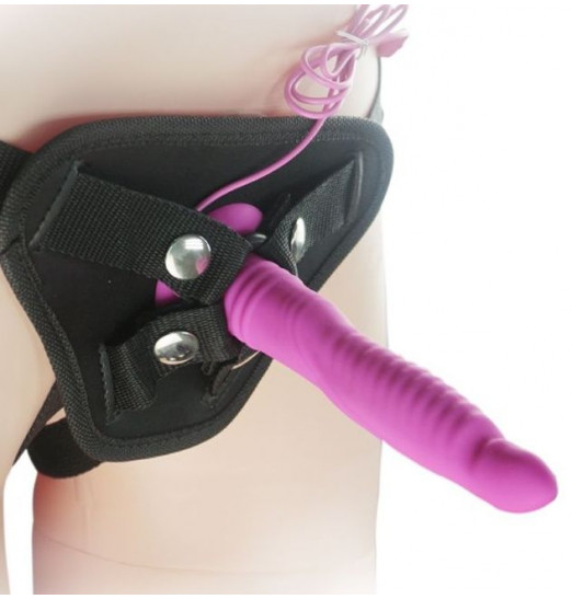 Розовый вибрострапон 6.7 inch Strap-on Ripple Dildo Vibe - 21 см.