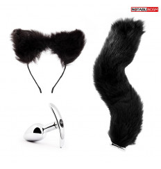 Игровой набор в черном цвете: ободок-ушки, анальная пробка, хвостик