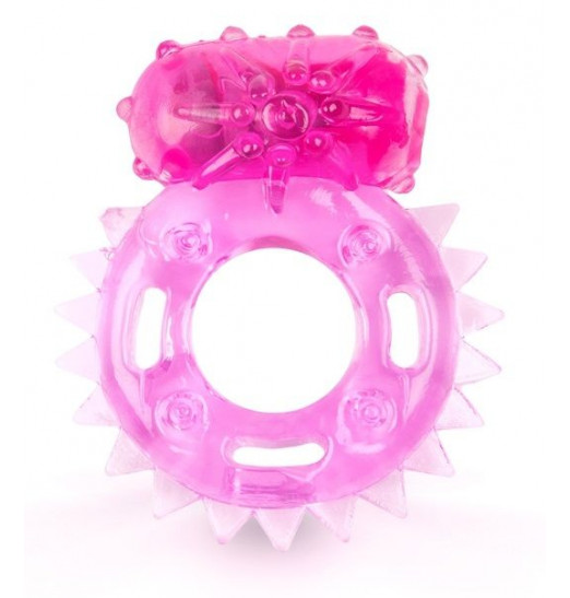Розовое эрекционное кольцо c шипиками по кругу и вибропулей