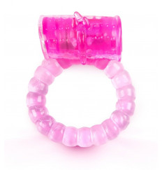 Розовое рельефное эрекционное кольцо с вибропулей