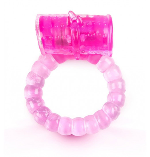 Розовое рельефное эрекционное кольцо с вибропулей