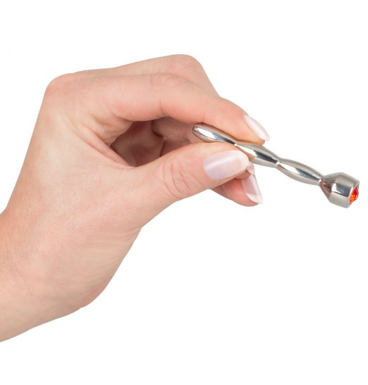 Серебристый уретральный плаг с кристаллом в основании - 7,1 см.