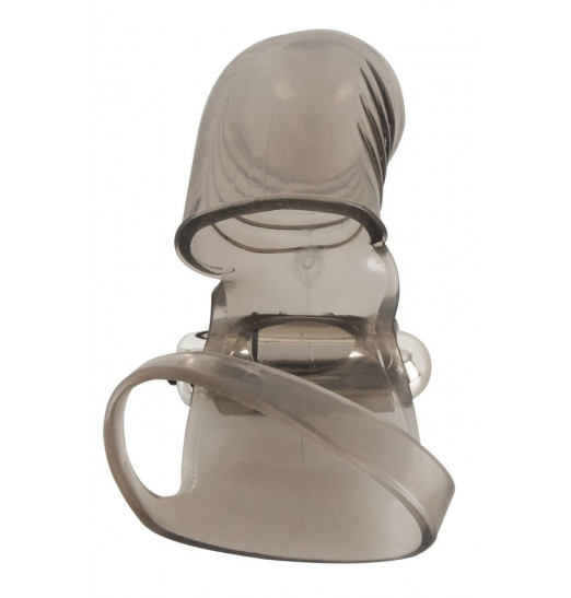 Дымчатая закрытая насадка на пенис с вибропулей - 15 см.